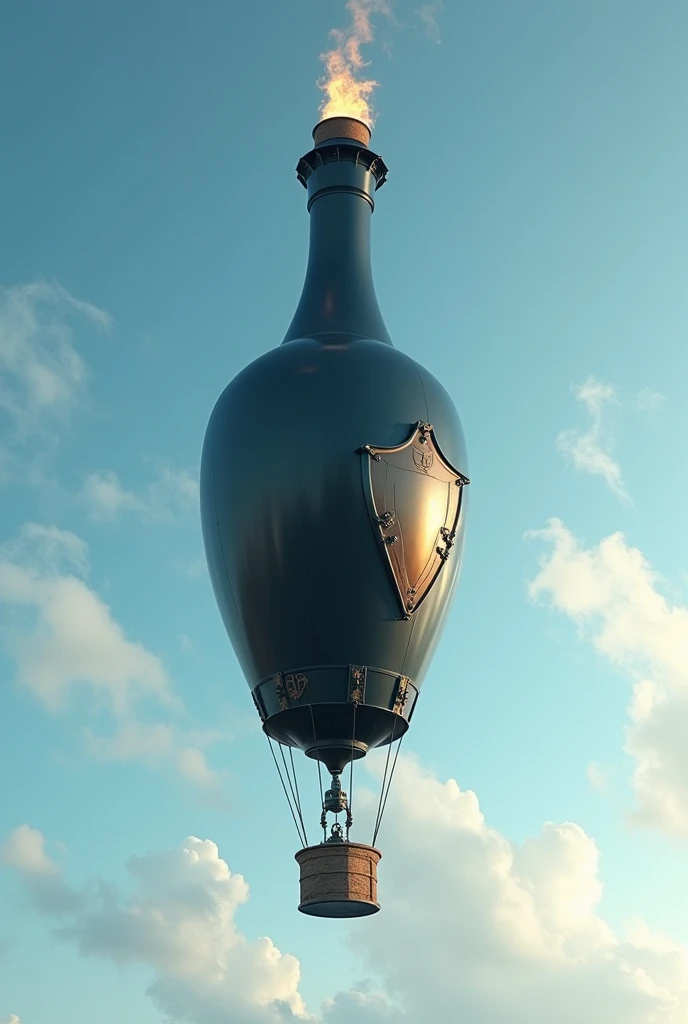 Create a hot air balloon in the shape of a black bottle, although it is not possible, but that is shaped like a bottle