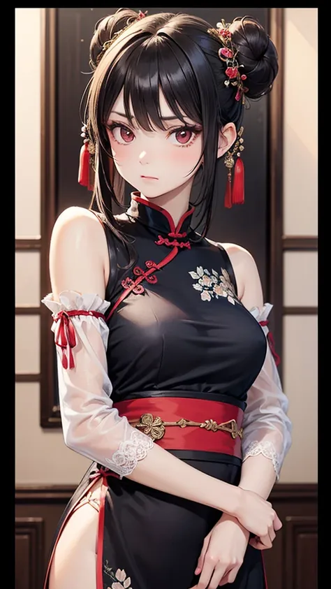 A formal portrait of a young woman featuring the following characteristics: She has striking red eyes and long black hair styled in a double bun, with bangs framing her face and strands of hair elegantly draping between her eyes. Her attire consists of tra...