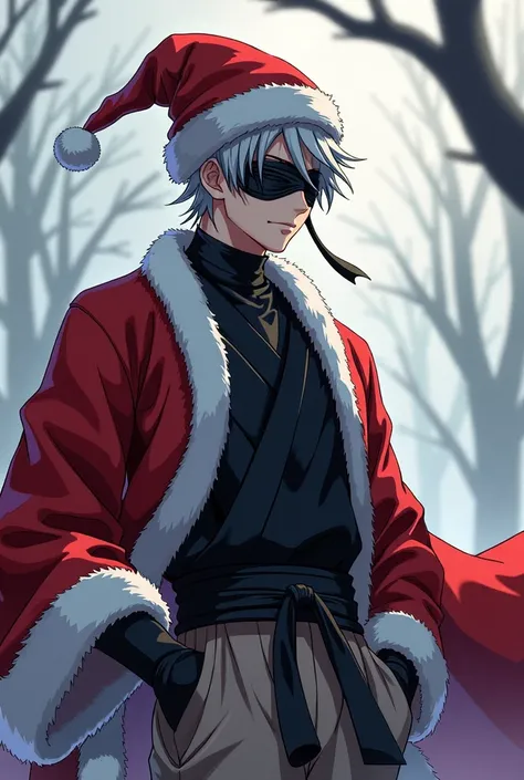 (1 male,satoru gojo,jujutsu kaisen,Gray Hair),(Gojo Satoru Costume Details:christmas pants, christmas hat,half-naked (Black blindfold)), (Infinite Emptiness)Draw a scene from,Cynical smile,,Gojo is a tall adult male.,A highly likeable male character,Rising...