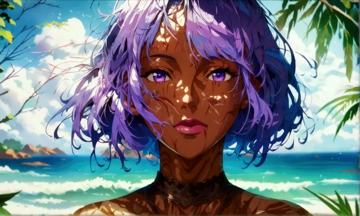 Woman, brown skin, bright blue hair, bright purple eye, relaxed style turtleneck beach shirt, happy and confident expression, bright sea scenery, ((Anime character design)), ((2D animation style)), ((Dramatic studio lighting)), ((2D fine lines)), ((Stunnin...