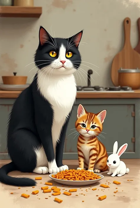 Create me a drawing with an adult black and white cat  ,  a tabby kitten and stained dark brown with white pasta and a little white rabbit with a gray spot on the body