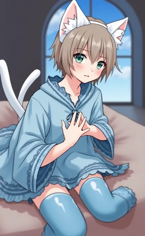 boy,  petit boy-cat, 18 ans. Oril de chat, queue de chat.  light brown hair , Frele  , END, male légèrement féminin, Petian eyes  , aucun sein, Un cul rebondi, beautiful and dequeueed, Man (((male))). anime. thigh boots, little blue flying dress ,  little ...