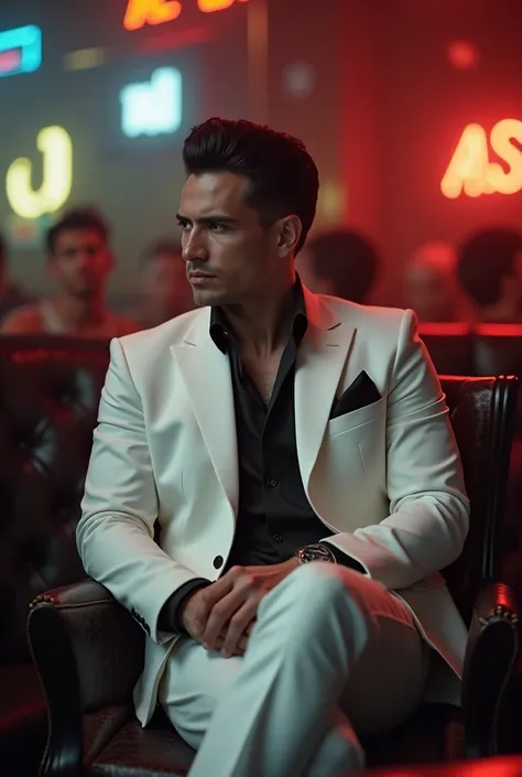  a white man, very high,  with stocky black hair brushed back and wearing an all-white suit. Hes sitting inside a nightclub looking at a very angry spot . about 25 years old, Its beautiful and attractive 