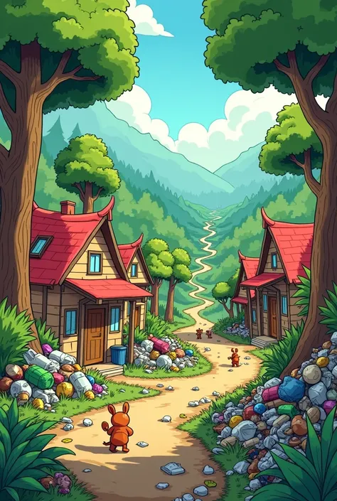 A village in the forest with overflowing garbage. Cartoon