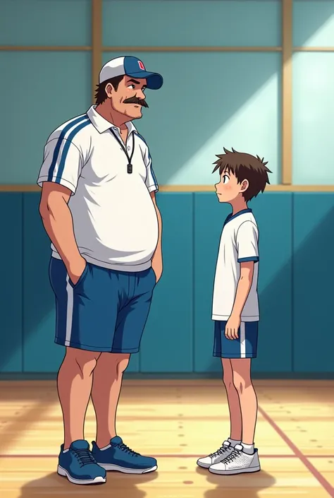 Two characters. Character 1: (male, 40s, dad bode, brown hair, mustache, white and blue track suit, cap, he is a PE Coach, whistle around his neck, tight fitting shorts). Character 2: (high school male student in white shirt and short). Character 1 is Char...