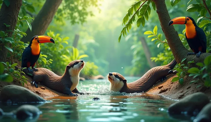 Otters Playing by the Riverbank
Prompt: A vibrant scene of playful otters on the banks of a lush Amazon river, surrounded by green tropical foliage. The otters are sliding down the muddy banks into the sparkling water, with splashes and joyful expressions....