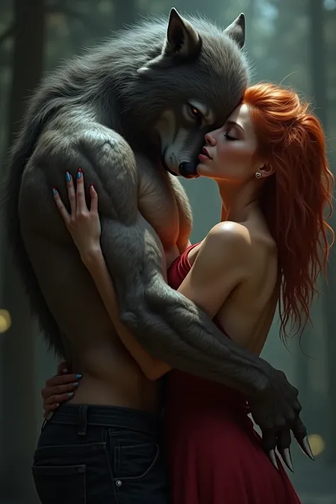 Unstable DiffusionThe werewolf passionately kisses and hugs a handsome young man on the lips. The young mans hair is shoulder-length red