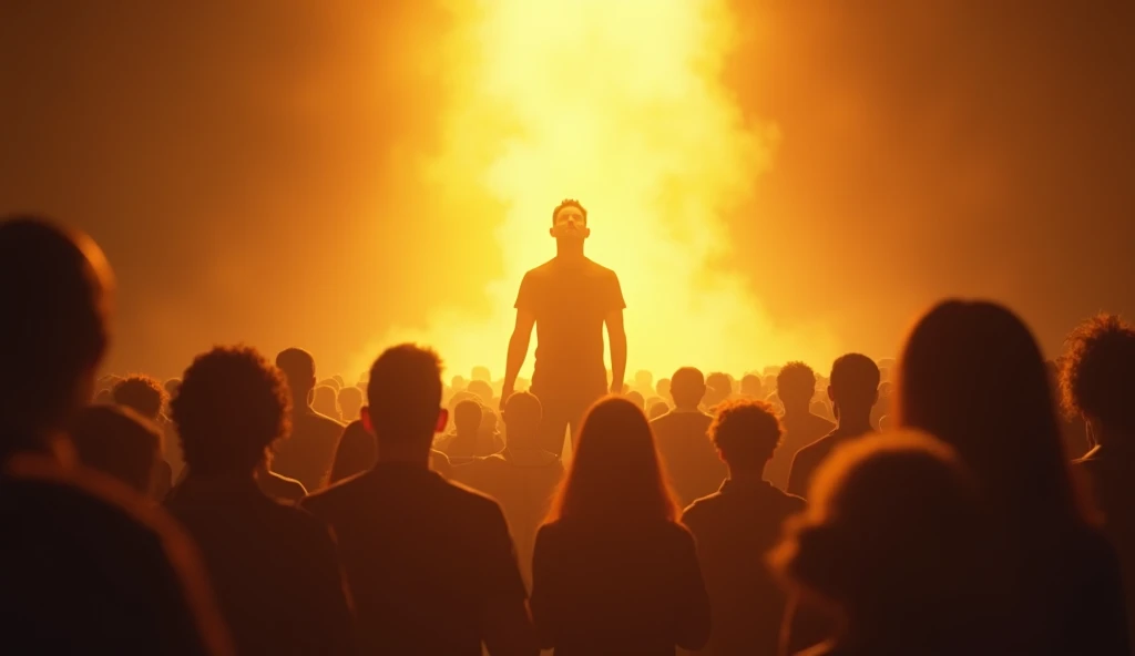 Create a digital illustration of a person standing in the center, radiating a powerful, warm golden glow, as a crowd around them looks on with admiration and awe. The person’s expression is one of confidence and triumph, standing tall with a slightly raise...