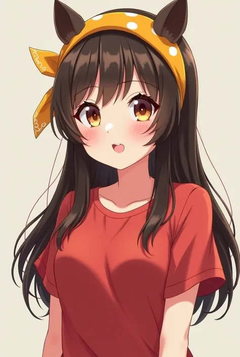 a litle chuby anime woman with dark brown hair, color vermilion T-shirt, dark brown eyes, a yellow bandanna, her hair is long but in layers.