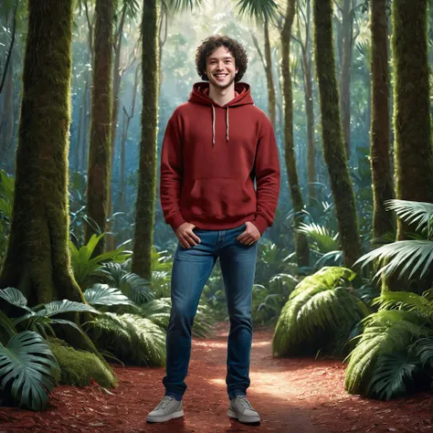 Ultrarealistic full-body portrait photograph of pale Caucasian man, with a round face, with dark realistic eyes, smiling, with curly black hair, wearing a dark red hoodie and jeans, standing in front of a tropical forest on a sunny morning with a blue sky,...