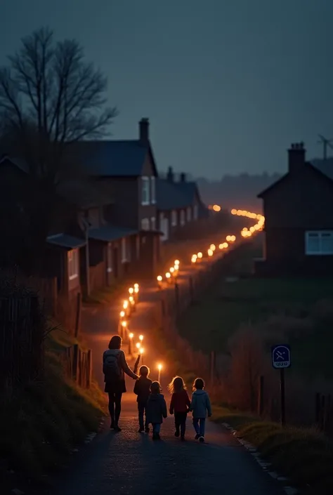 sign with the dark background ,  in the background , to the right ,  the silhouette of the houses in a small town ,  and up there a path .  Several families on the path carrying candles. It has to cause tenderness . 