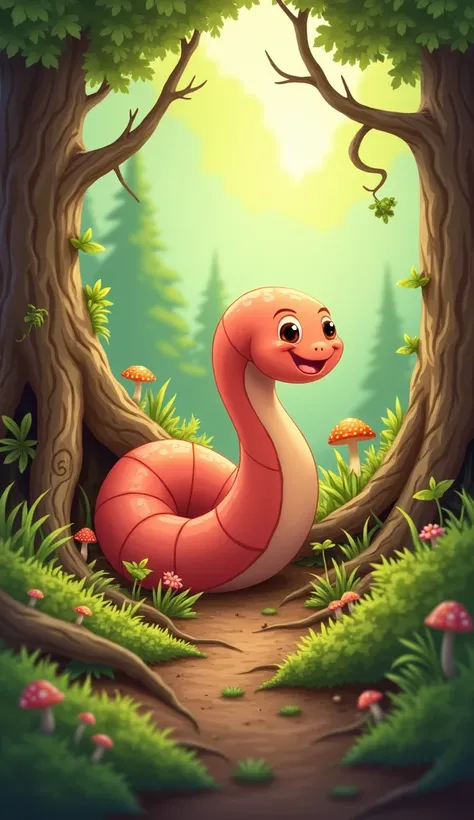 A worm living happily underground in the forest. Cartoon