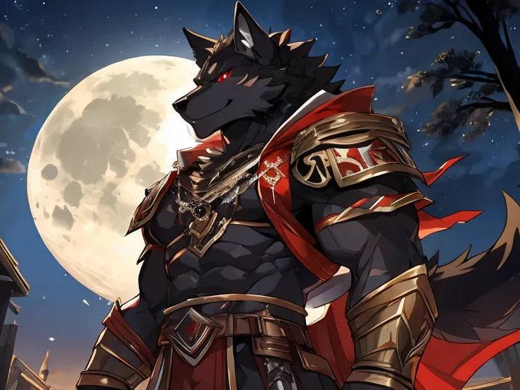 Two dark wolves , red eyes,  warrior costumes, muscular, under the full moon