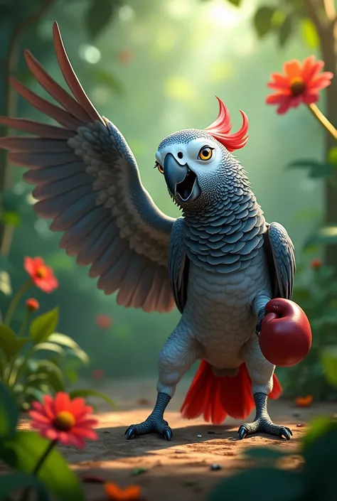 A beautiful gray parrot from Gabon animated boxing 