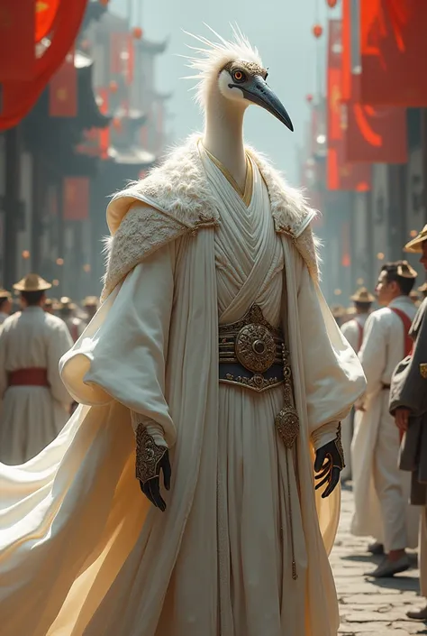 Create a man with traits of a heron with his white royal attire and lineage 2 ncsoft revolution