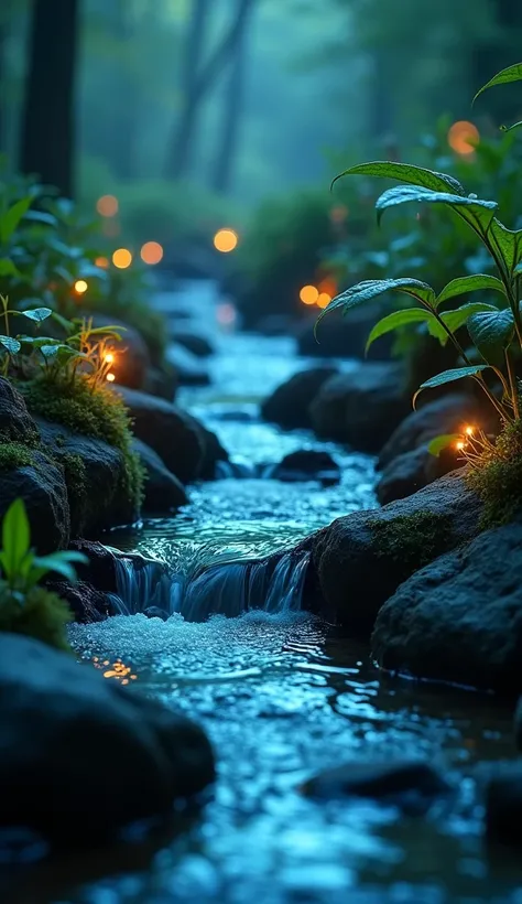 "A crystal-clear stream flows through an enchanted forest, where tiny creatures like water elves play among the rocks. Their skin reflects the glow of the stars, and bioluminescent plants emit a soft light around them. Every drop of water and leaf is depic...