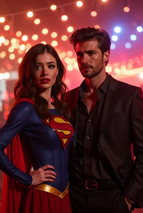 1 woman, brown hair, supergirl, 1 sexy men, brown hair, smoking, party, night