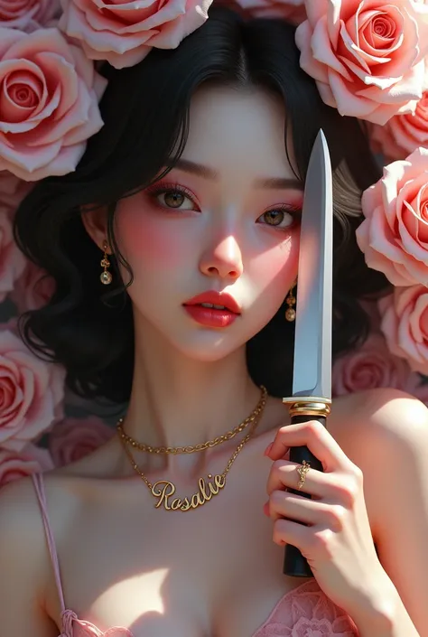  A very beautiful pink woman surrounded by roses of many sizes has a necklace that bears her name "Rosalie" and she caresses her face with a knife in her hands 