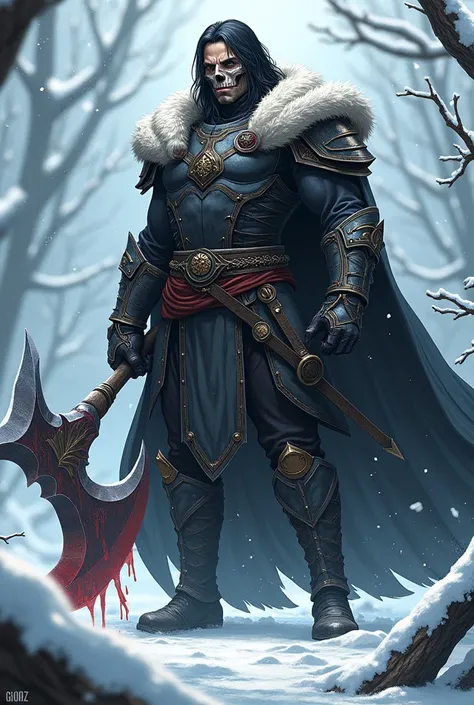 A man with good facial structure, dark black long hair and good skin tone. Wearing a skull mask and leather and metal suit. Having a wool collar and cape hooded. Holding a thors type storm breaker axe but bigger. His suit and axe weapon is covered with blo...