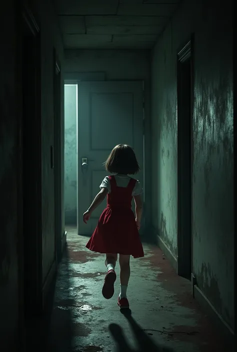  A dark corridor with low lighting and an old and well maintained house with A 14-year-old teenage girl with short brown hair,  wearing a red dress with short white sleeves and a red shoe with white socks running in fear to a door