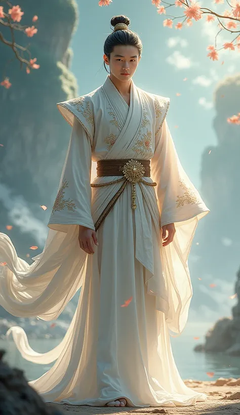 show full body of a male asian  from Chinese 18-years-old show 2 leg details, so handsome, tallish, slender,  wear sword-fairy of Chinese clothes