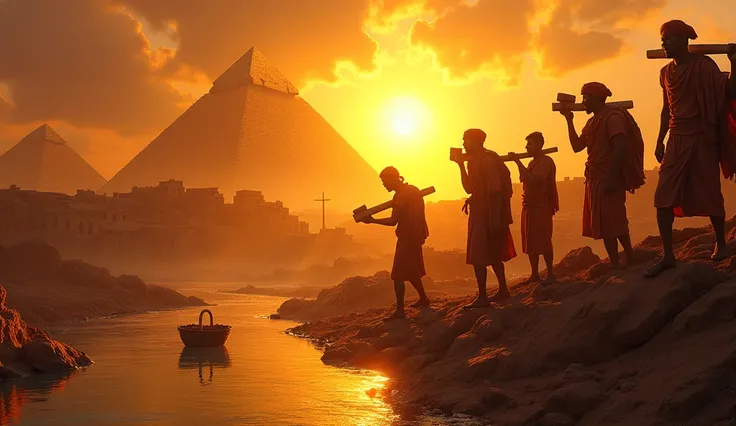  Create a thumbnail for a video about Exodus 1 ,  with an epic and dramatic setting .  Include an Egyptian landscape in the background ,  with the pyramids and the sun shining brightly in the sky .  Show Hebrew workers carrying bricks and building with exp...