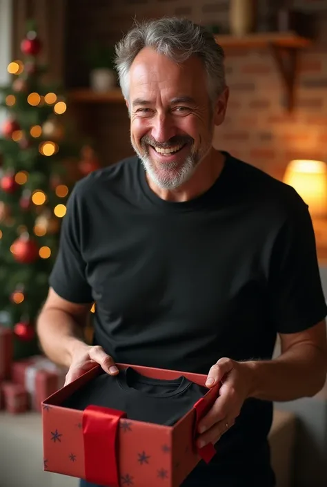 Create a man opening the Christmas present and inside the box is a basic black t-shirt without a print he is happy