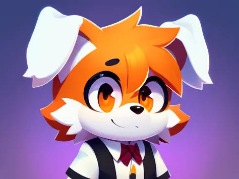 A young man with thick white dog fur, orange eye hair, a black nose, a cute face, a detailed body, wearing clothes, a male, a colorful background, very beautiful high quality. 