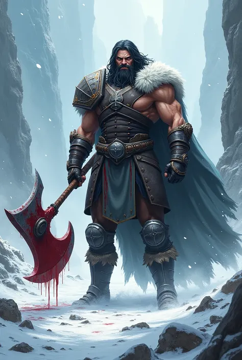 A man with good facial structure, dark black long hair and good skin tone. Leather and metal suit. Having a wool collar and cape hooded. Holding a thors type storm breaker axe but bigger. His suit and axe weapon is covered with blood because of fighting an...