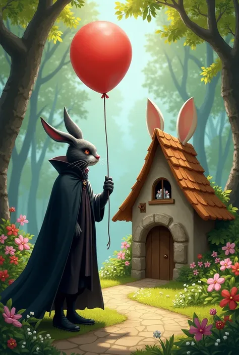 In a fairy tale, a villain stands in front of a rabbit house with a balloon in his hand.