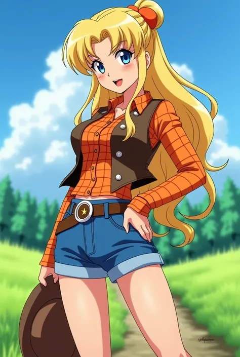 Serena, a beautiful woman with long blond hair tied in a half tail with an orange bun, her hair falls down her hips.,, light blue eyed ,  red lips,  dressed as a cowgirl wearing short blue shorts ,  brown boots with star spurs ,  orange plaid blouse and br...