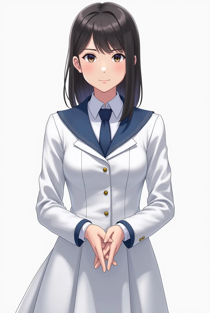 a girl Student in white and blue uniform WHITE DRESS with blue tie and blue lapel