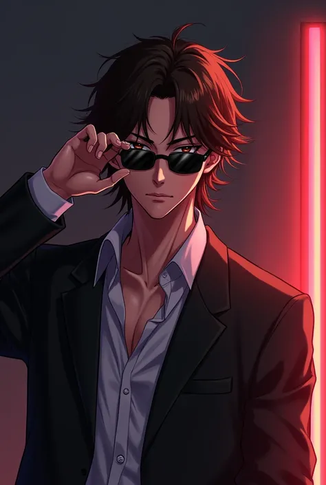 Long hair,  brown hair , shut your mouth,  side corner, fit,cool guy , side corner, Sunglasses, Anime, Tall, young handsome, high resolution,  Flare Models, Bedboy 