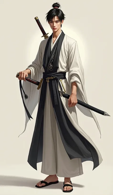 show full body of a male asian  from Chinese 18-years-old show 2 leg details, so handsome, tallish, slender,  wear sword of Chinese clothes