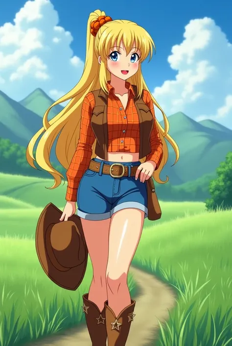 Serena, a beautiful woman with long blond hair tied in a half tail with an orange bun, her hair falls down her hips.,, light blue eyed ,  red lips,  dressed as a cowgirl wearing short blue shorts ,  brown boots with star spurs ,  orange plaid blouse and br...