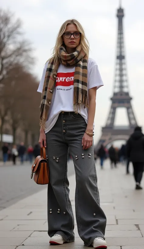 Make me an 18 year old girl, realistic and European, blonde, thin face, she wears a pair of Jordan 4s and wide gray jeans with rhinestones, she wears a Supreme t-shirt with a Burberry scarf and Prada glasses. She is standing in Paris, we can see the Effeil...