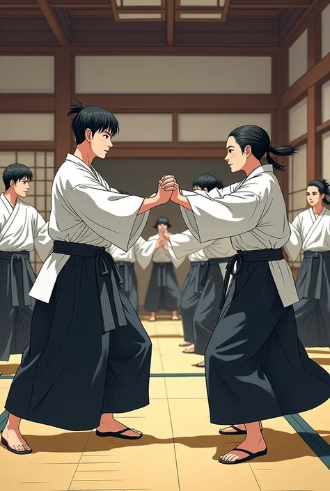 A manga style image featuring several adult aiokas, men and women in white keigogi and black hakama, practicing two by two in a dojo. 