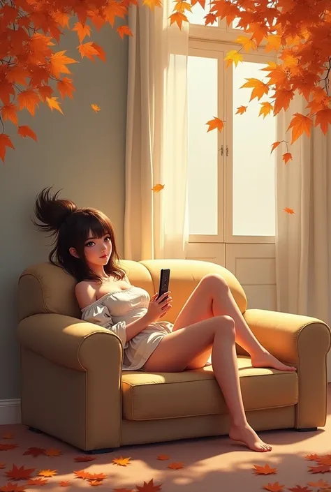 A blank wide template for filling out games and sending , at the bottom of the newsletter is a beautiful girl with high hair,  ulybka,  lies on the sofa , her legs are raised ,  ulybka,   phone in her hands , .  She takes the bottom of the leaf . looks at ...