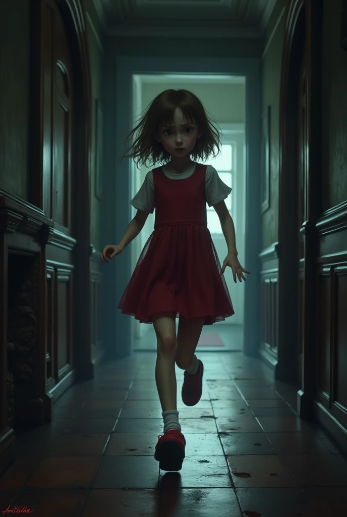 A dark, dimly lit hallway of a beautiful and well-maintained old house with a 14-year-old teenage girl with short brown hair,  wearing a red dress with short white sleeves and a red shoe with white socks running in fear to a door