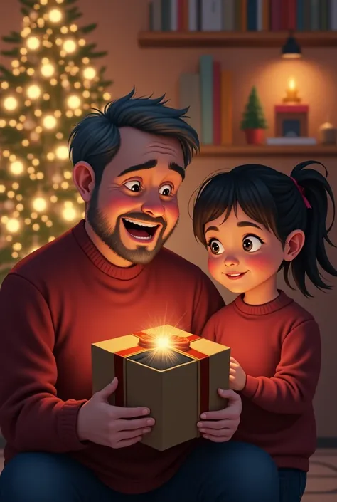 Create a man getting a Christmas present and his daughter ,  inside the box is a basic black t-shirt with no print he is happy
