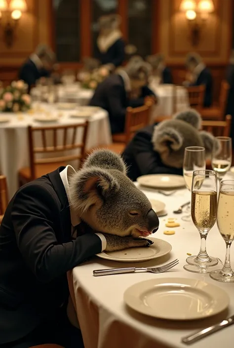 At an elegant wedding reception, the tables are now littered with slumped-over koalas, all fast asleep. The once lively banquet hall is eerily quiet, with plates of half-eaten food and spilled glasses of champagne scattered across the white tablecloths. Th...