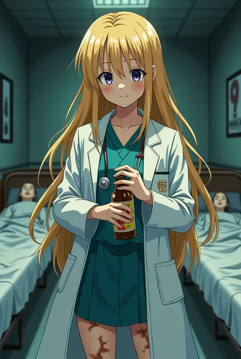 A female teenager She is very creepy she is smiling and has long shiny gold hair she is dressed as a doctor she is holding a bottle with a strange product her legs are transformed into wolf legs she is in a doctors office with several patients lying in bed...