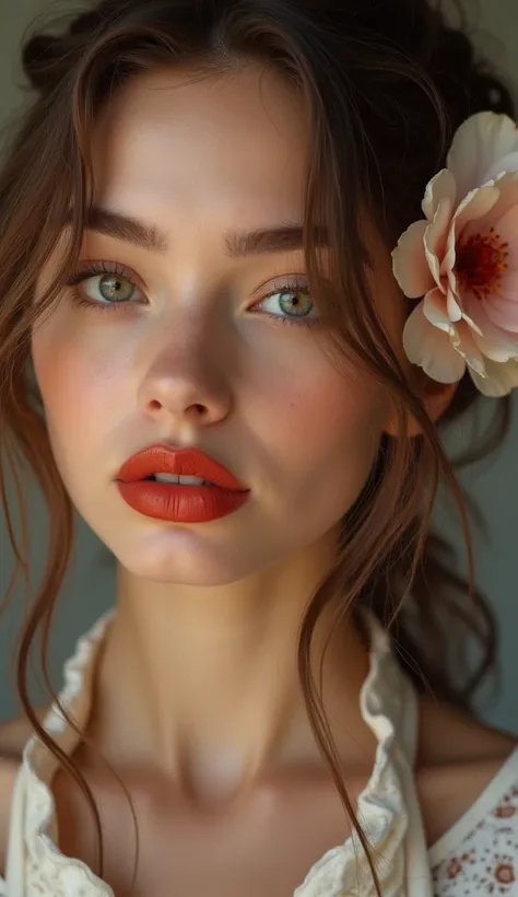 close up face image of a uk girl she very beautiful red lips,a flower on her ear.