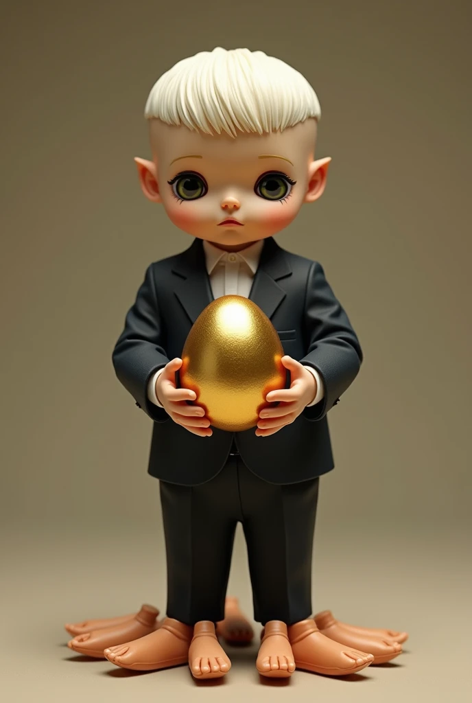 Make a figure of a small  in a suit holding a golden egg with both hands, his face visible, with a bowl haircut, make it full body, lots of barbie hand pieces help support the egg, lots of babrie foot pieces covering the little s feet
