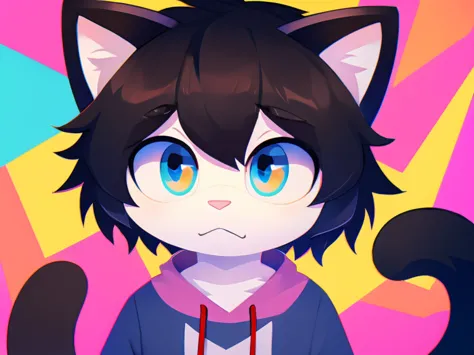 boy, four cat, thick black hair, sky eyes, sad pink nose, mouth, detailed body, male clothes, colorful background, beautiful, ve...