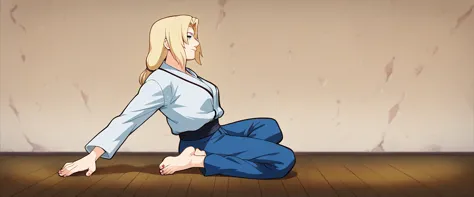 (caucasian ethnicity) masterpiece, 4k,  lyrics, tsunade, barefoot,  beautiful woman, alone, at home, wearing martial arts pants,...