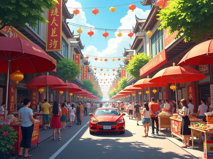 Street scene selling Tet goods Viet Nam, with cars running in the middle