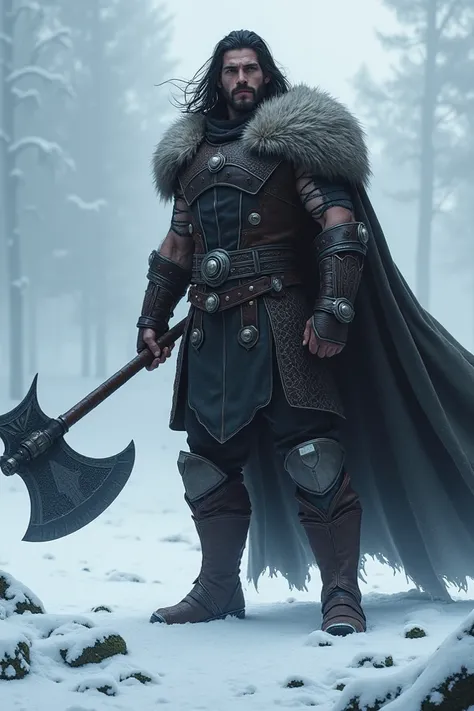 A man with good facial structure, dark black long hair and good skin tone. Leather and metal suit. Having a wool collar and cape hooded. Holding a thors type storm breaker axe but bigger. He is in a snowy place. Standing like a main character. Anime type