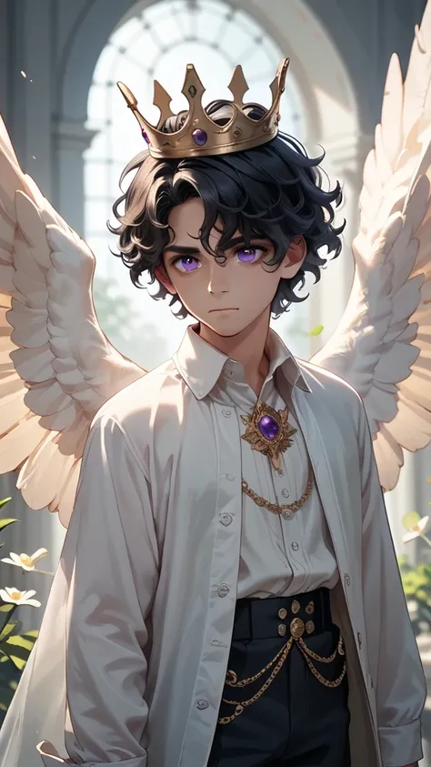 1guy, long curly black hair, purple eyes, white wings, crown