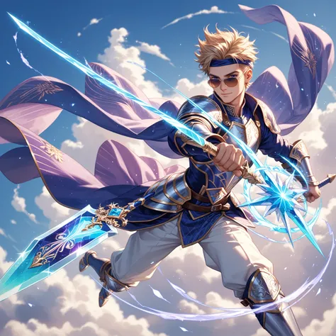 An anime boy swordsman wearing a majestic crystal diamond armor in shades of aqua and purple, with intricate geometric patterns. He soars through the air, holding a radiant crystal sword glowing with energy, ready to deliver a powerful strike. The backgrou...